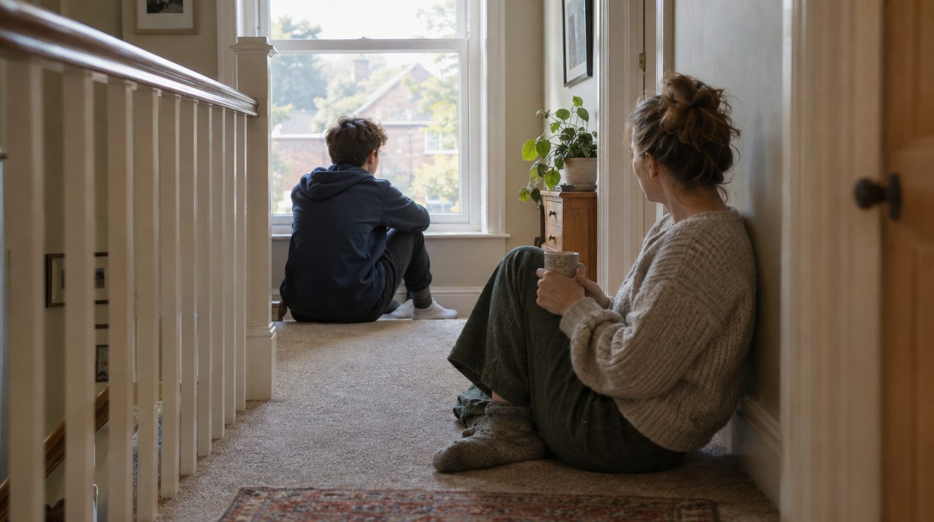 Illustrative photograph: a young person sitting quietly on the stairs looking out of a window, with a member of staff sitting nearby giving them space.