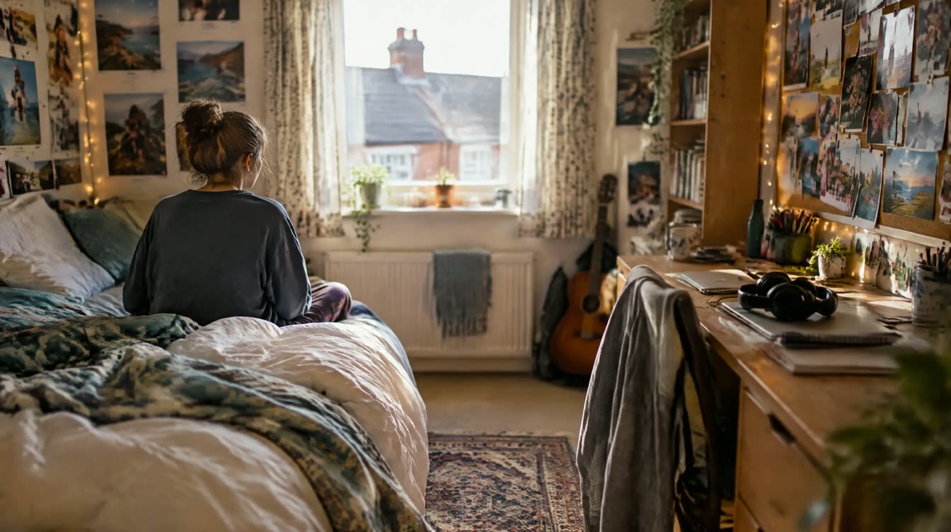 Illustrative photograph: a young person's bedroom with a board of photographs, fairy lights and a desk.