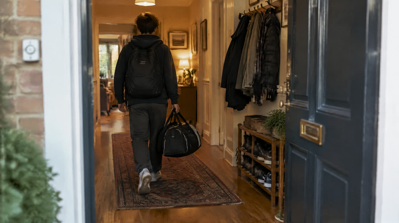 Illustrative photograph: a young person stepping in through the front door of a home, carrying a bag, with coats on hooks and shoes on a rack in the hallway ahead of them.