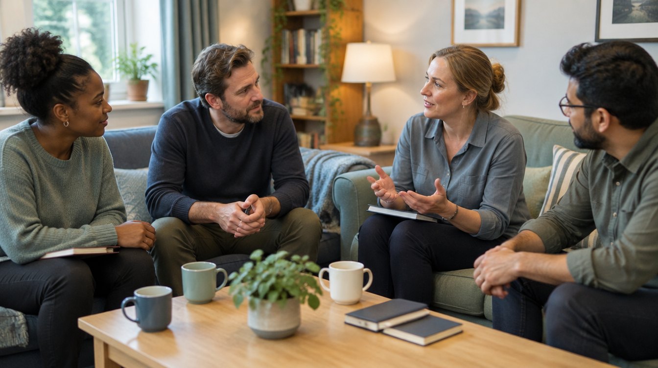 Four adult colleagues having a reflective discussion in a comfortable lounge