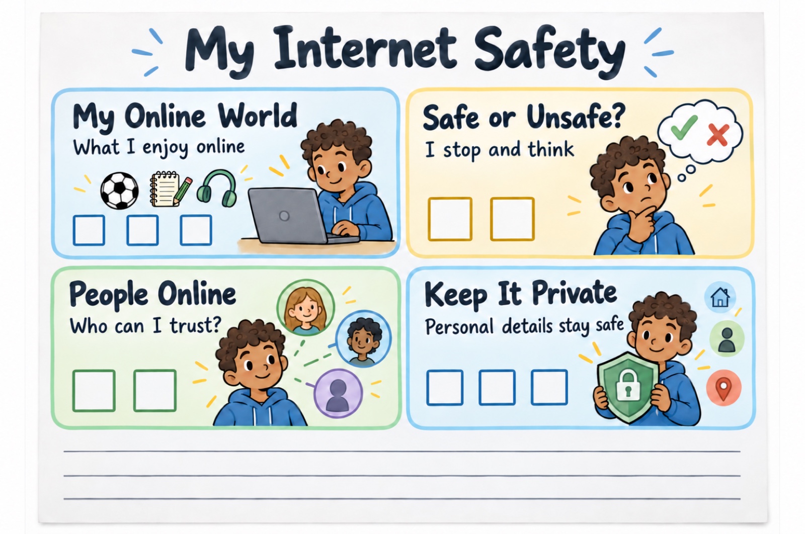 An illustrated internet safety worksheet. A cartoon boy with short curly hair plays football and uses a laptop. The same sections headed My Online World, Safe or Unsafe?, People Online and Keep It Private, each with tick boxes to fill in.