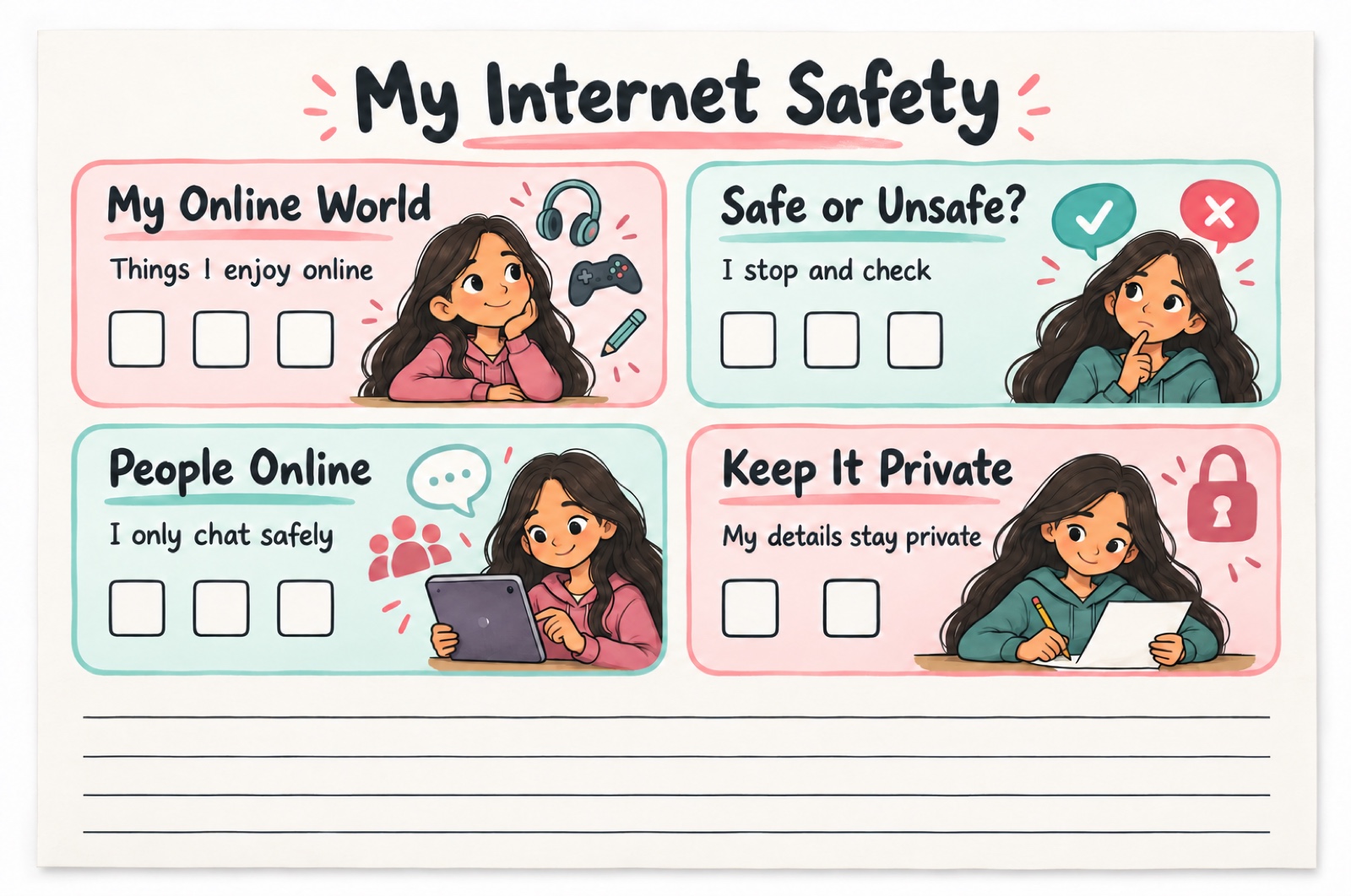An illustrated internet safety worksheet. A cartoon girl with long dark hair draws and uses a tablet. Sections headed My Online World, Safe or Unsafe?, People Online and Keep It Private, each with tick boxes to fill in.