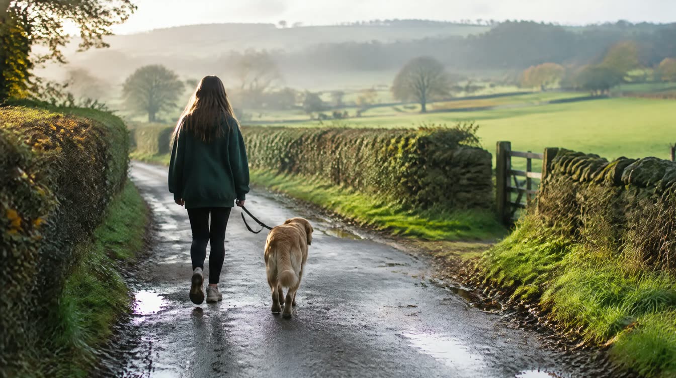 Illustrative photograph: a young person walking a dog along a country lane in morning light.