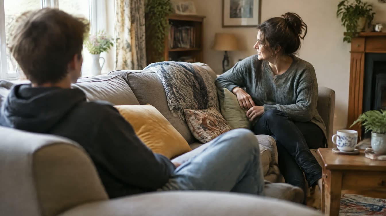 Illustrative photograph: a young person and a support worker sitting at either end of a sofa in a homely living room, mid-conversation.