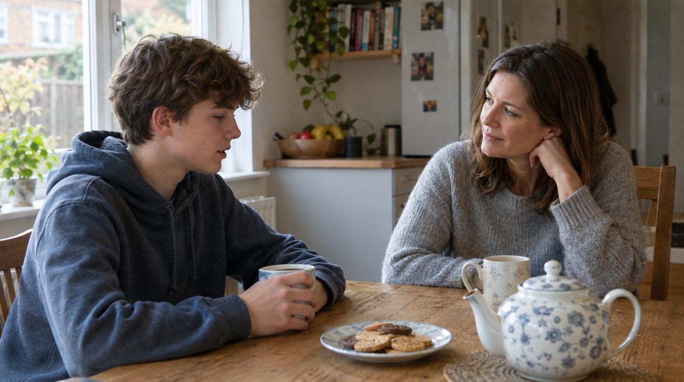 Illustrative photograph: a young person and a member of staff talking over mugs of tea at a kitchen table.