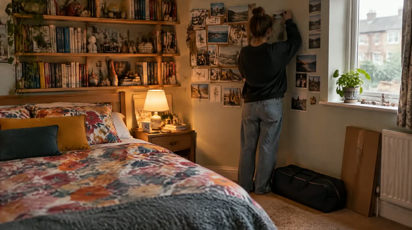 Illustrative photograph: a young person pinning photographs to the wall of their new bedroom, with an unpacked bag and boxes still on the floor.