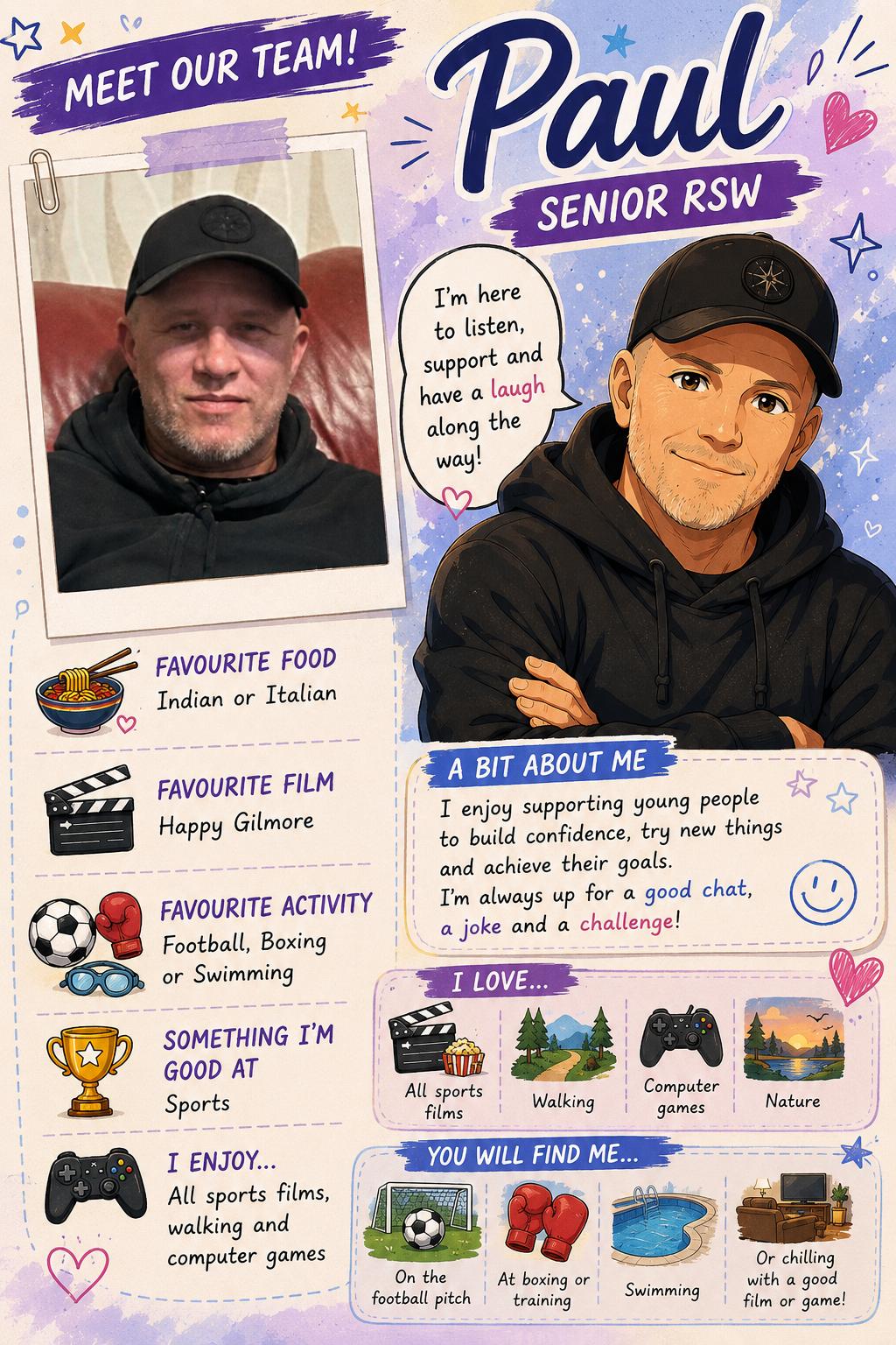 Paul&rsquo;s illustrated staff profile, including his photograph, interests and message to young people. A text version follows.