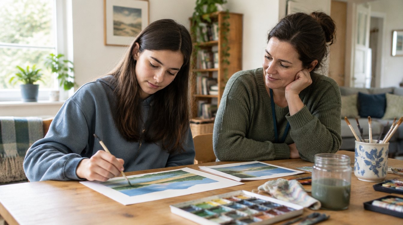 A young person painting alongside a support worker at a craft table