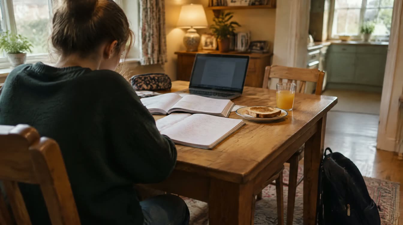 Illustrative photograph: a kitchen table after school with open books, a laptop and a plate of toast.