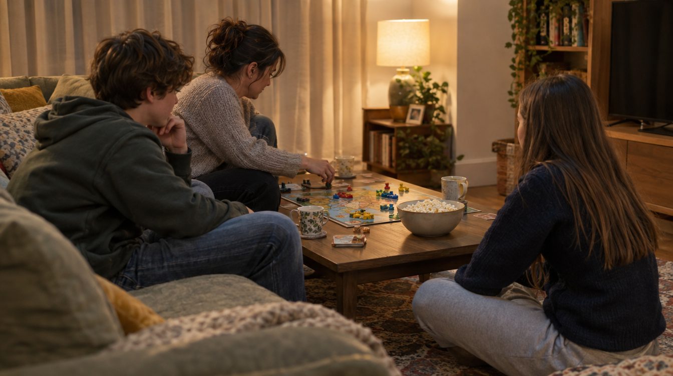 Illustrative photograph: a board game on the coffee table in the evening.