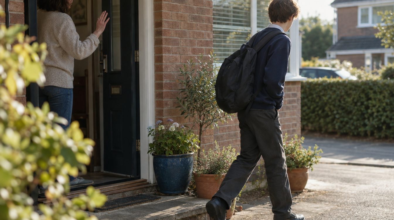 Illustrative photograph: a young person setting off for the day with a bag over one shoulder, while an adult waves from the doorway.