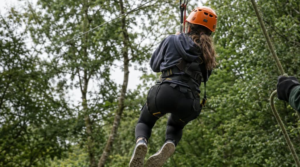 Illustrative photograph: a young person on a zip line against trees and open sky.