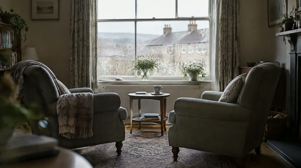 Illustrative photograph: two empty armchairs facing each other by a window in a quiet living room the morning after.