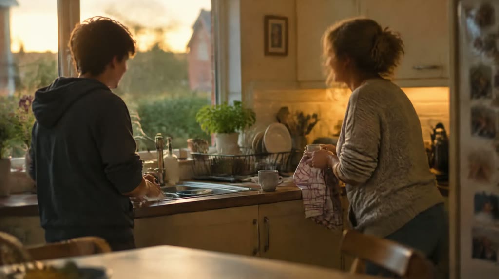 Illustrative photograph: a young person and an adult chatting across a kitchen counter while washing up.