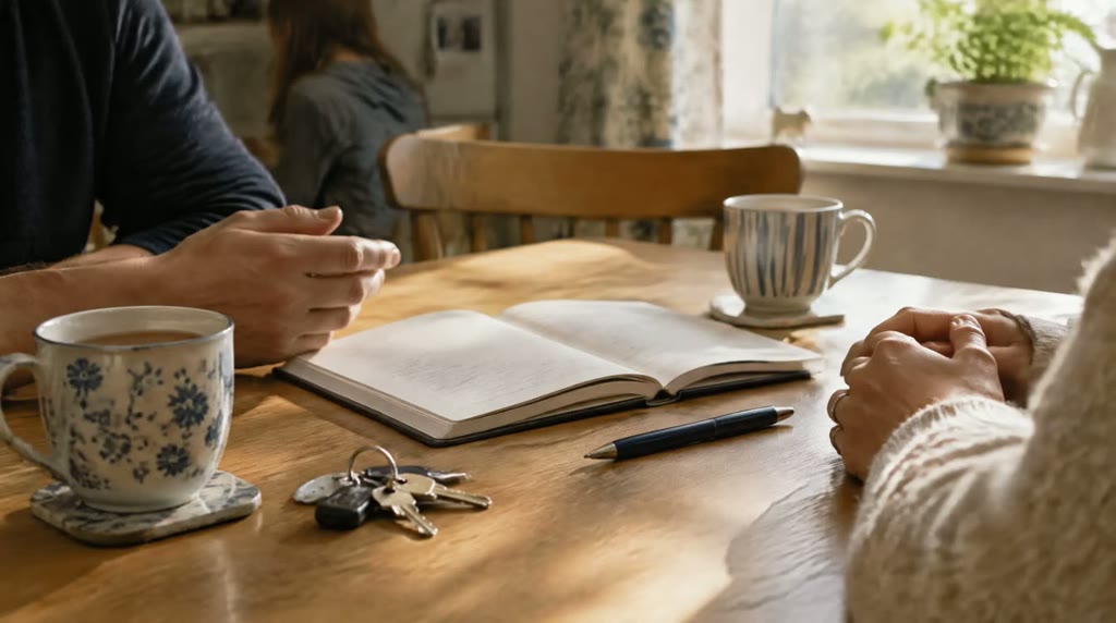 Illustrative photograph: an open paper diary, a pen, house keys and two mugs of tea on a kitchen table in morning light.