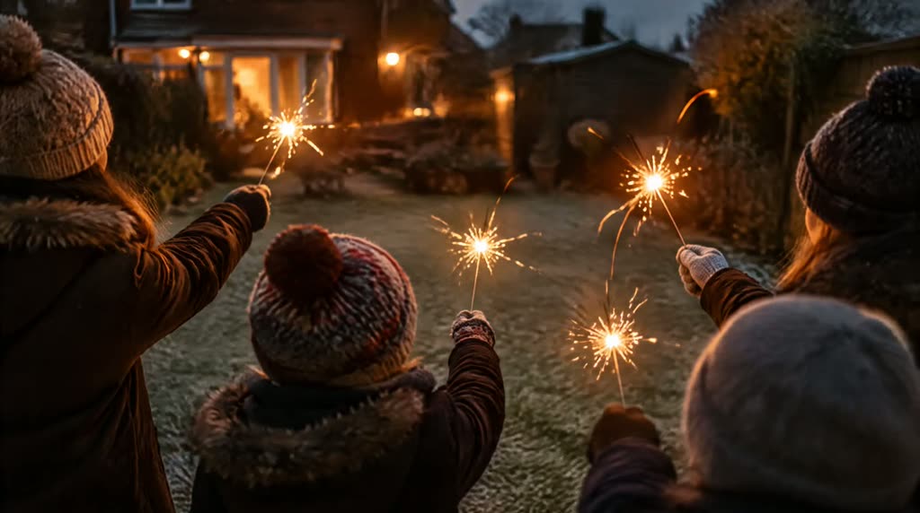 Illustrative photograph: sparklers held at arm's length in a dark back garden on a November evening.