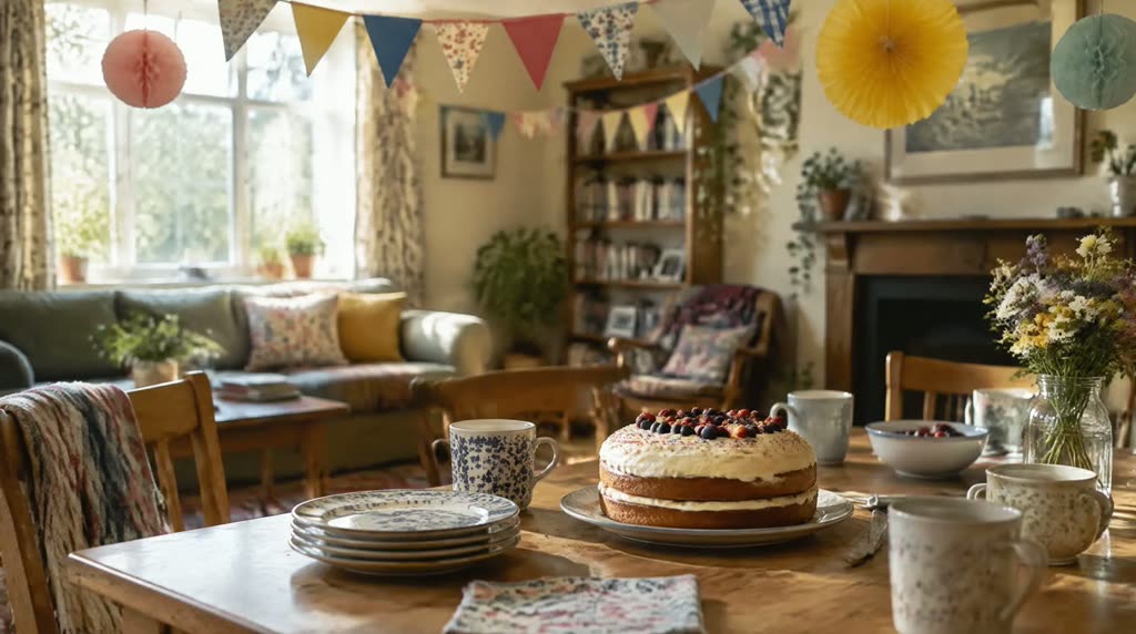 Illustrative photograph: bunting and paper decorations strung across a bright living room above a table set with a homemade cake and mugs.
