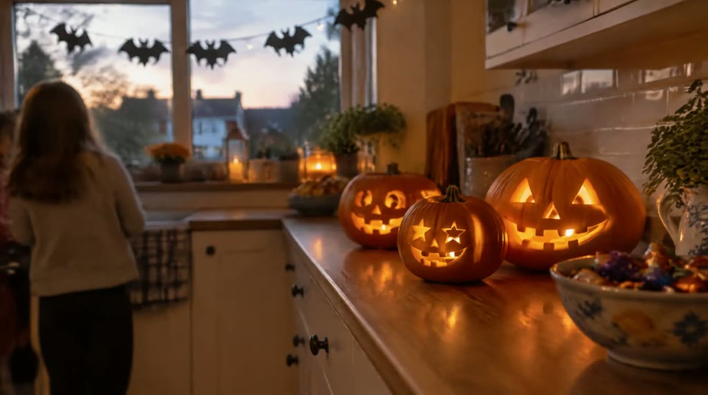 Illustrative photograph: carved pumpkins glowing on a kitchen worktop with paper decorations strung across the window.
