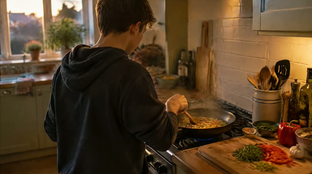 Illustrative photograph: a young person cooking at a hob in a kitchen, seen from behind, with ingredients on the counter.