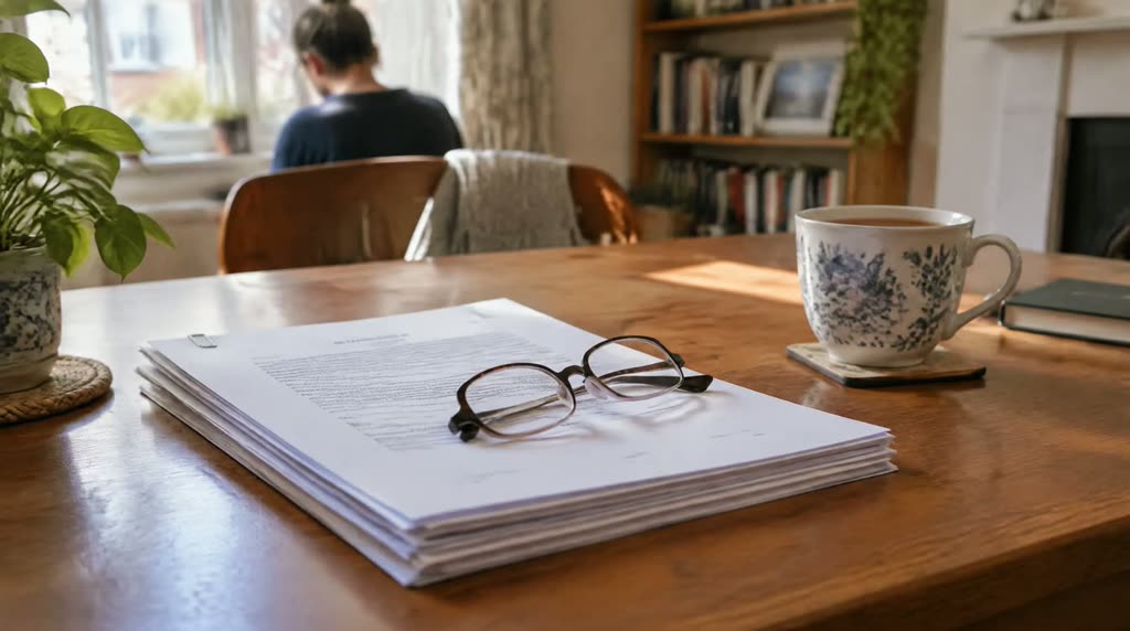 Illustrative photograph: a printed stack of documents and reading glasses on a desk beside a cup of tea.