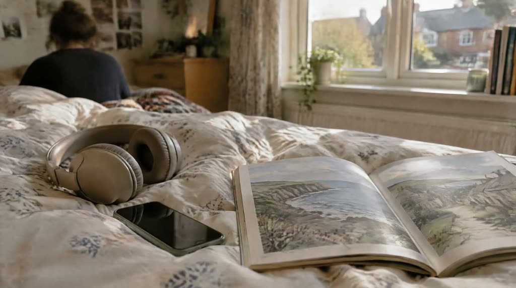 Illustrative photograph: headphones and a phone resting on a duvet beside an open illustrated booklet.