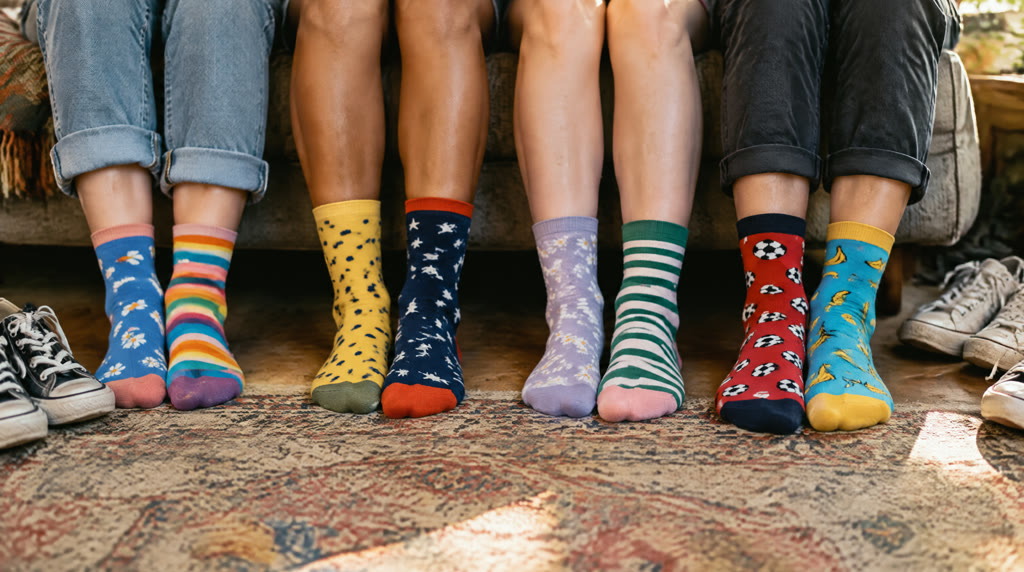 Illustrative photograph: a row of young people sitting side by side, photographed from the knees down, all wearing brightly mismatched odd socks.