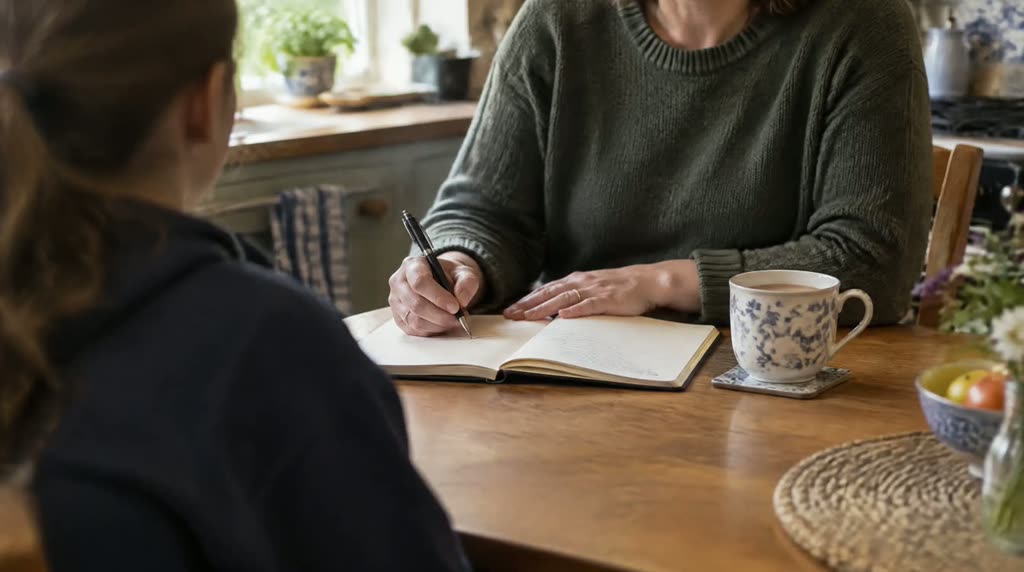 Illustrative photograph: an adult sitting at a kitchen table with an open notebook and a cup of tea, making notes.