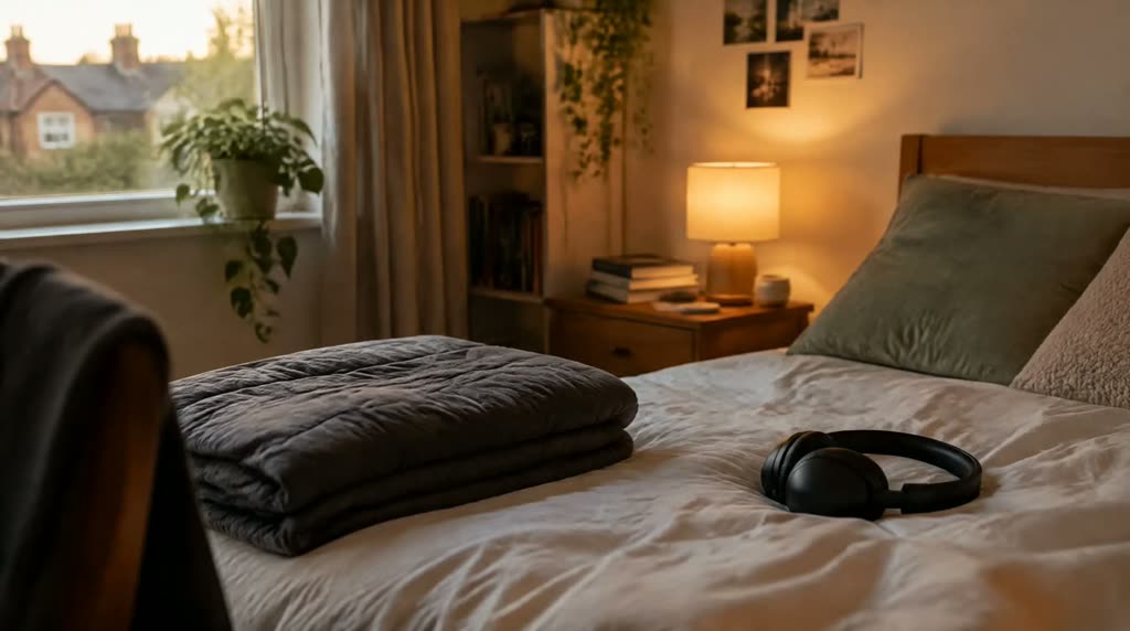 Illustrative photograph: a calm uncluttered bedroom corner with a soft lamp, a folded weighted blanket and noise-cancelling headphones.