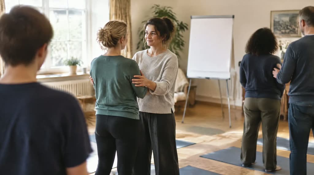 Illustrative photograph: adult colleagues in a bright training room practising a calm supportive stance beside a blank flip chart.