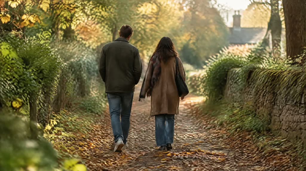 Illustrative photograph: two people walking together along a leafy path in soft autumn light, seen from behind.