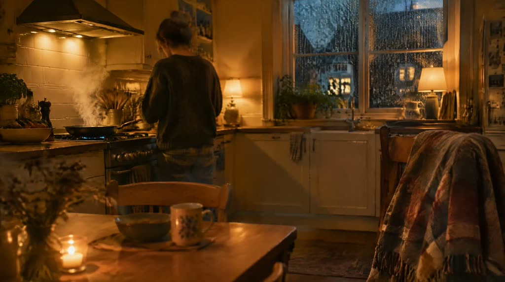 Illustrative photograph: a warm lit kitchen on a dark winter evening, with lamp light and rain on the window.